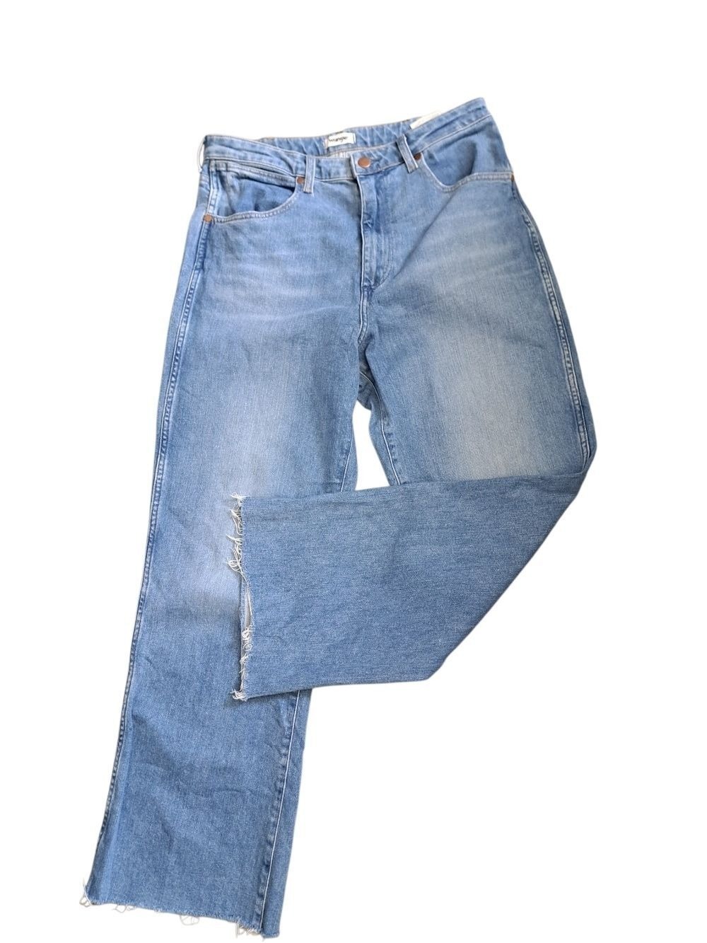 Wrangler High Waist Mom Kick Flare Jeans RAW hem fade BLUE cotton 31" waist M